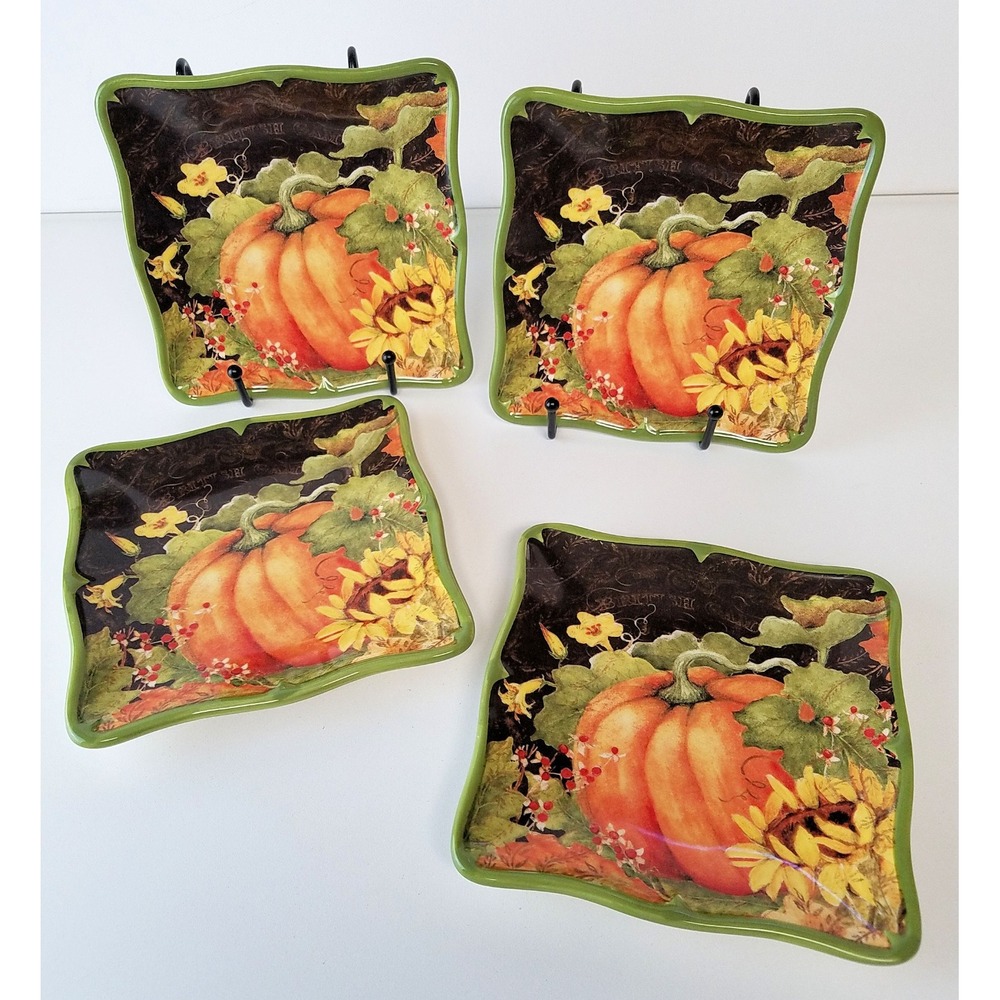 Certified Int'l BOTANICAL HARVEST Susan Winget Sq Canape Plate black Set of 4